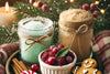 two jars of body scrubs, a bowl of cranberries, and a gingerbread cookie sitting in a round dish in front of a Christmas tree.